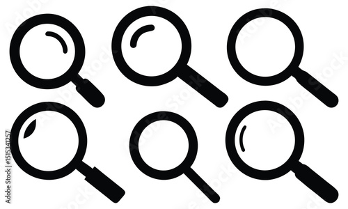 Vector magnifying glass set with a black handle, an isolated optical search tool for magnification and zoom on a white background