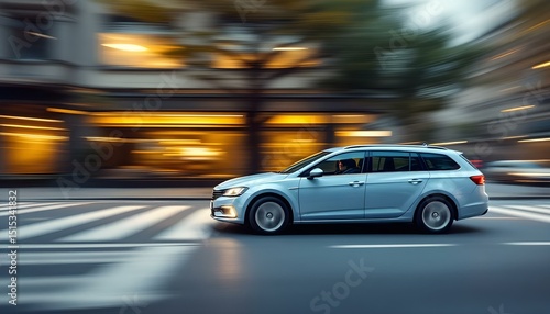 Fototapeta Naklejka Na Ścianę i Meble -  Light Blue Station Wagon Speeding Through City Streets at Dusk
