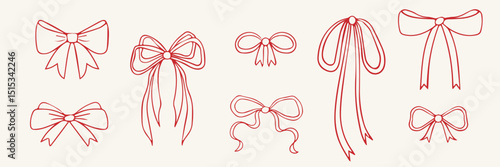 Set of various red line bows, gift ribbons. Bowknots hand drawn, flat style. Fashionable vector illustration. Hair accessories. Bow knots for gift wrapping. Gift bows, Celebration, party