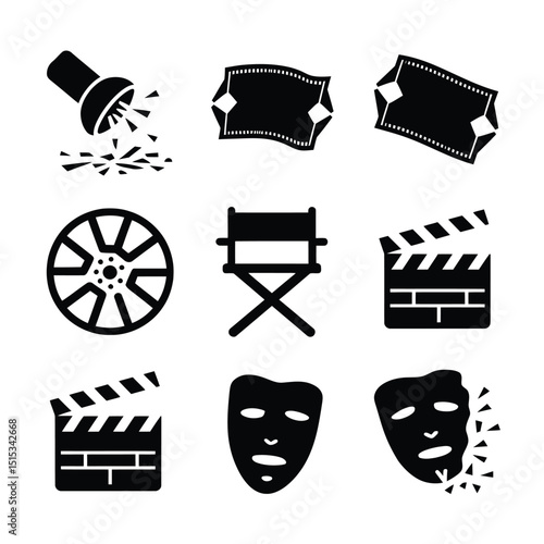 vector icons for cinema, Director's Chair , theatrical roles, video tape, cinema shattered spotlight, Theater Ticket
