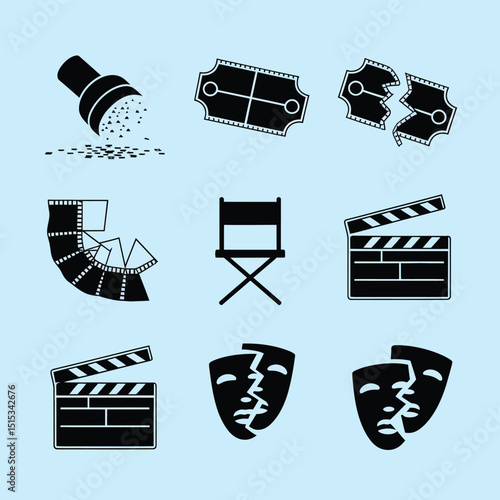 vector icons for cinema, Director's Chair , theatrical roles, video tape, cinema shattered spotlight, Theater Ticket
