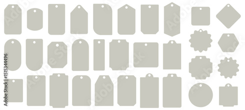 Collection of various blank paper tag templates in neutral color, isolated on white, ideal for labeling, crafting, or packaging design. perfect for gift wrapping, merchandise tags, or digital design