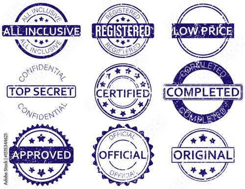 Vector set of grunge-style purple stamps with popular keywords for office and marketing purposes. Perfect for digital and print projects. Vector stamp set. Grunge label icon. Office document stamp.