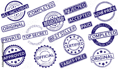 A collection of grunge-style rubber stamps with various business-related labels such as approved, confidential, original, and completed. Business rubber stamps. Grunge stamp collection.