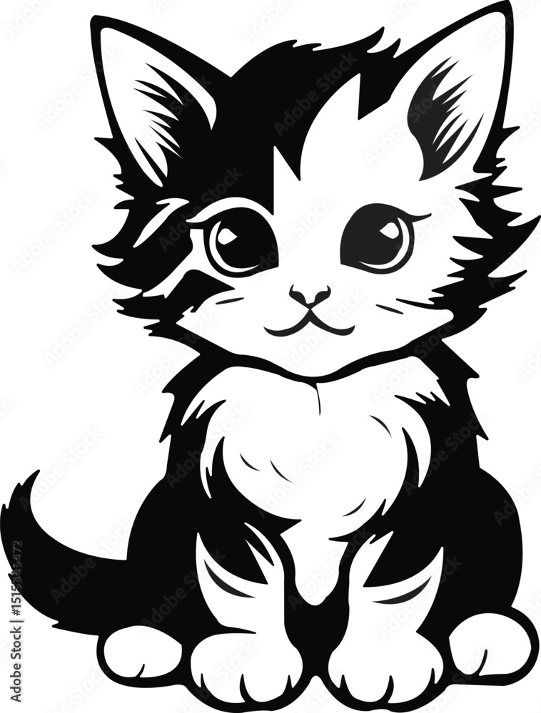 Obraz premium Kitten Vector Illustration - Adorable Black and White Kitten Vector Illustration for Print, Tattoo, or Design Projects