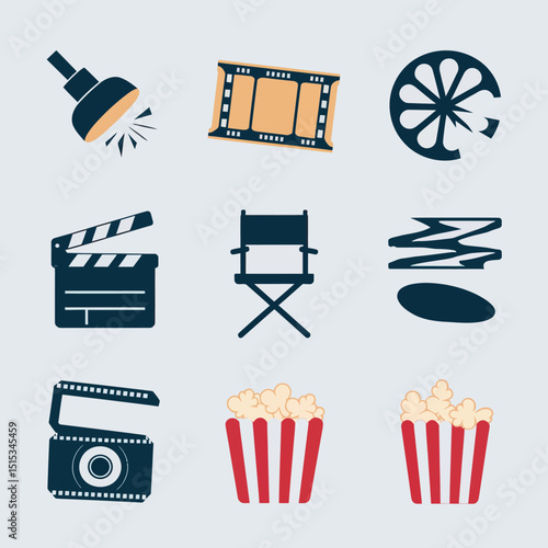 vector icons for cinema, Director's Chair , theatrical roles, video tape, cinema shattered spotlight, Theater Ticket
