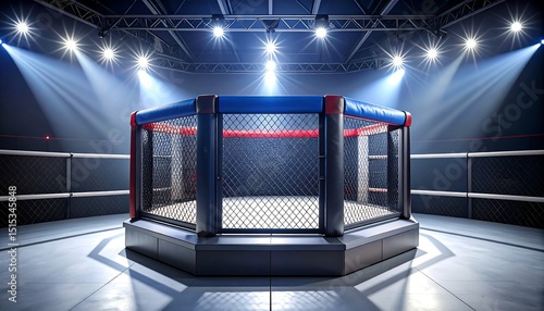 Octagon MMA cage with arena lights.