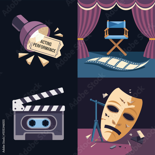 vector icons for cinema, Director's Chair , theatrical roles, video tape, cinema shattered spotlight, Theater Ticket
