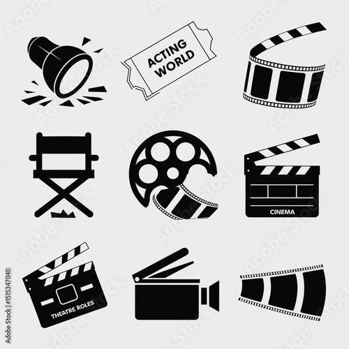 vector icons for cinema, Director's Chair , theatrical roles, video tape, cinema shattered spotlight, Theater Ticket
