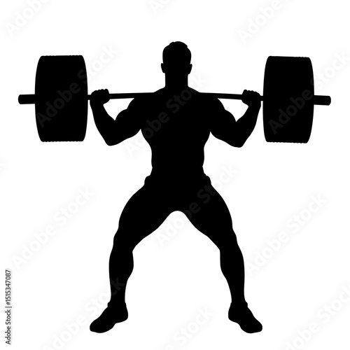Silhouette of a muscular man lifting barbell in workout pose for fitness and training concept  