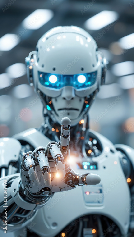Futuristic Robot with Illuminated Features and Mechanical Hand Gesture in a High-Tech Environment Futuristic Robot with Illuminated Features and Mechanical Hand Gesture in a High-Tech Environment