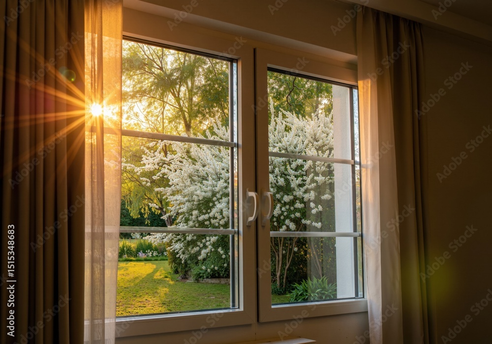 Fototapeta premium Sunlight is streaming through window with sheer curtains onto blooming spirea and green garden in springtime