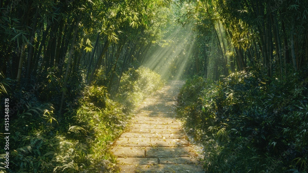 Fototapeta premium Nation relaxation day with calm nature idea. Serene bamboo pathway illuminated by soft light.