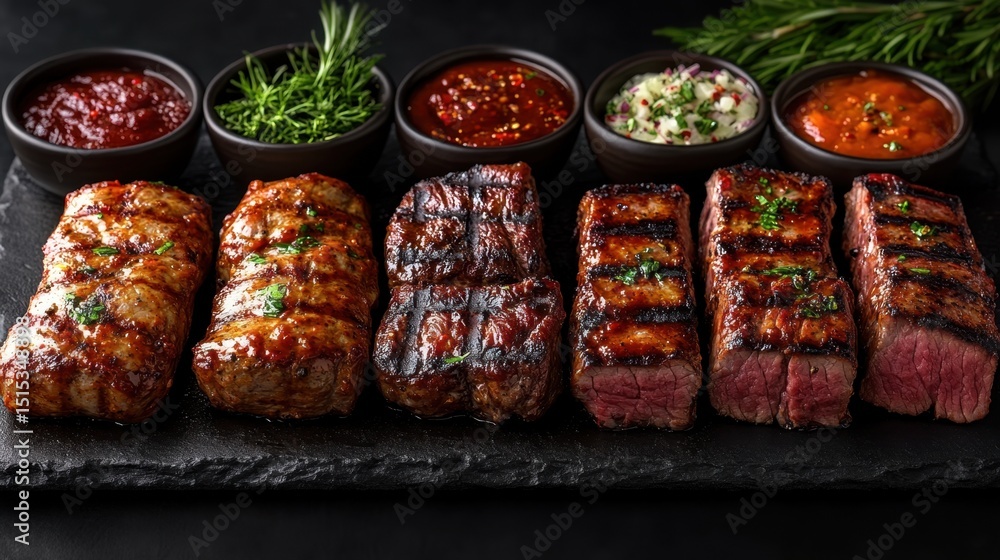 Steaks and dipping sauces on a black board food background Steaks and dipping sauces on a black board food background
