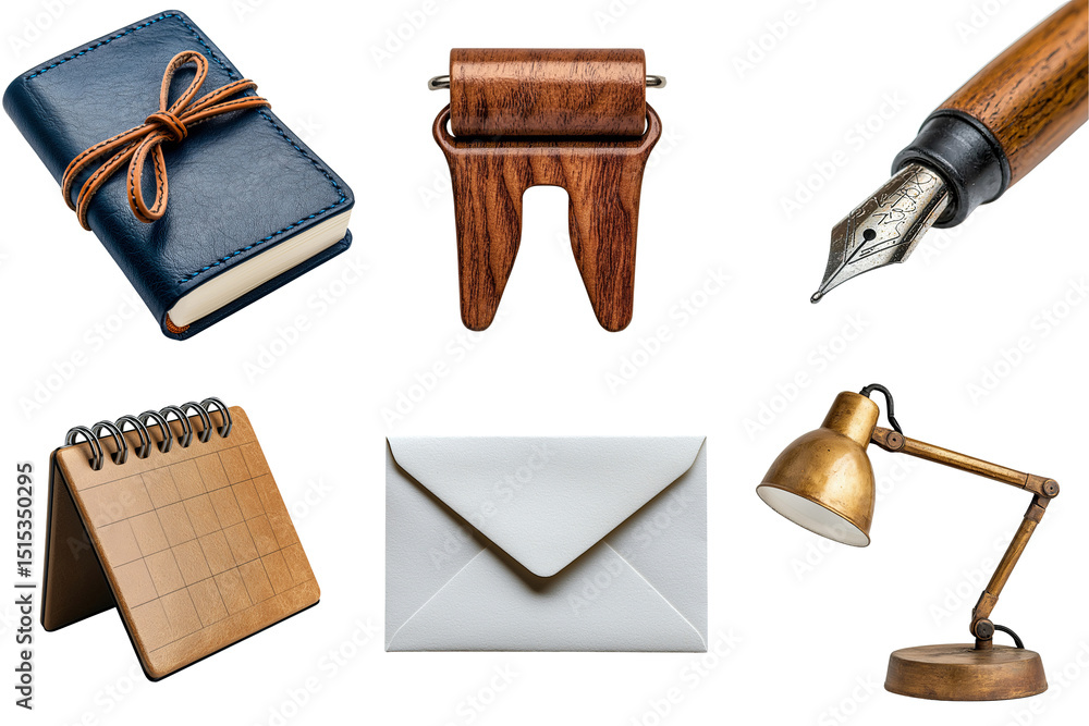 A stylish arrangement of stationery items including a notebook, wooden clips, a fountain pen, and a desk lamp. A stylish arrangement of stationery items including a notebook, wooden clips, a fountain pen, and a desk lamp.