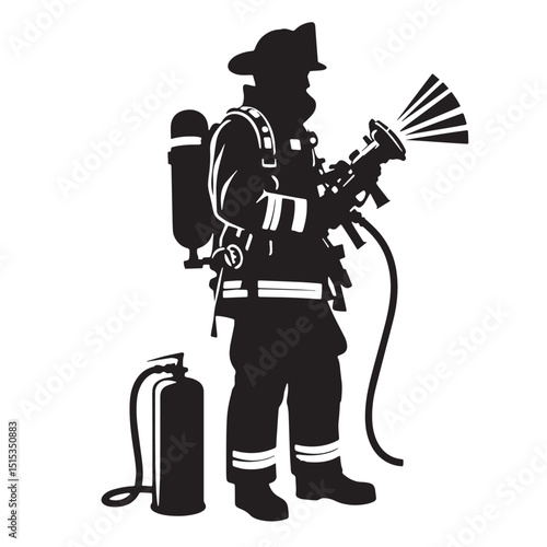 Black Color Firefighting Silhouette Vector Illustration, Solid White Background