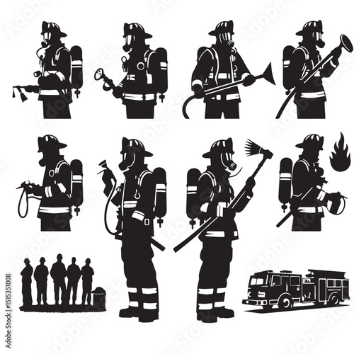 Black Color Firefighting Silhouette Vector Illustration, Solid White Background