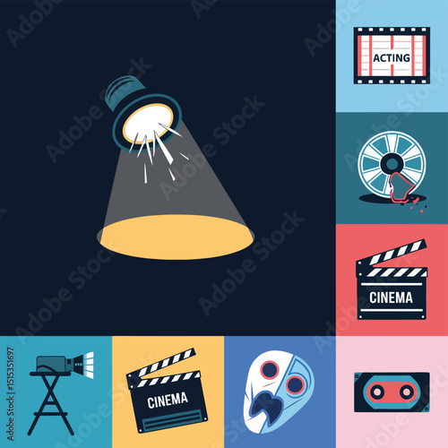 vector icons for cinema, Director's Chair , theatrical roles, video tape, cinema shattered spotlight, Theater Ticket
