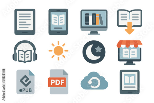 Digital book icons set representing ebooks, audiobooks, reading devices, and formats