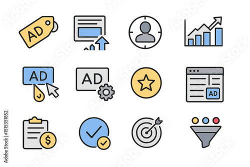 Digital marketing icon set featuring ad symbols and analytics graphics