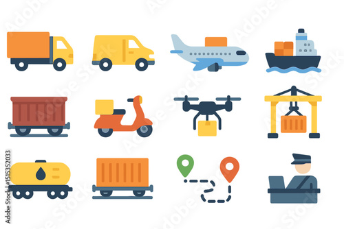 Logistics icons: transport, delivery, shipping, cargo, freight, air, sea, land