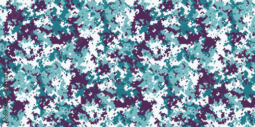 Abstract digital camouflage pattern in teal, purple, and white.  Perfect for backgrounds, textiles, or fashion designs.