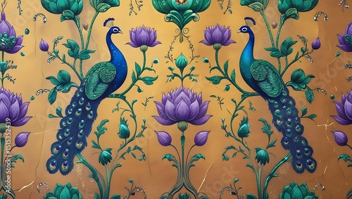 Elegant depiction of peacocks and lotus flowers in a luxurious vintage botanical arrangement on a golden background.
