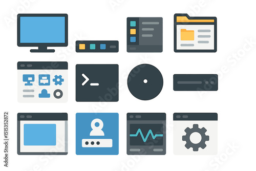 Computer interface icons with monitor, settings, folder, and widgets