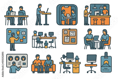 Diverse workspace activities: collaboration, brainstorming, meetings, discussion