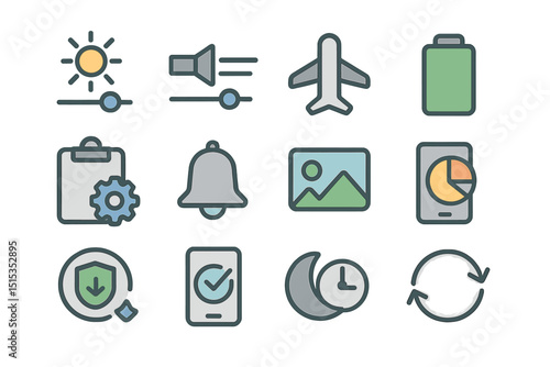 Collection of mobile and technology icons in soft gradient style