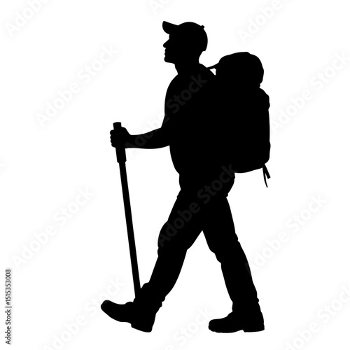 Silhouette of man hiking with backpack and walking pole on trail for outdoor adventure concept 