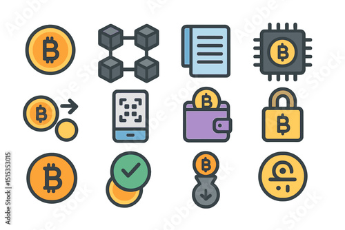 Bitcoin icon set with blockchain, wallet, and security symbols