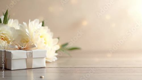 Elegant gift box beside delicate white flowers in soft, warm lighting