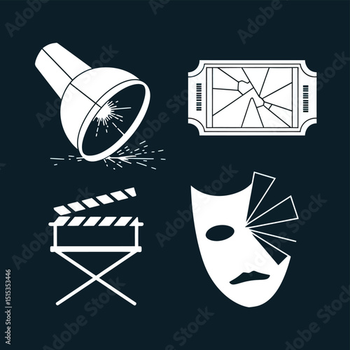 vector icons for cinema, Director's Chair , theatrical roles, video tape, cinema shattered spotlight, Theater Ticket
