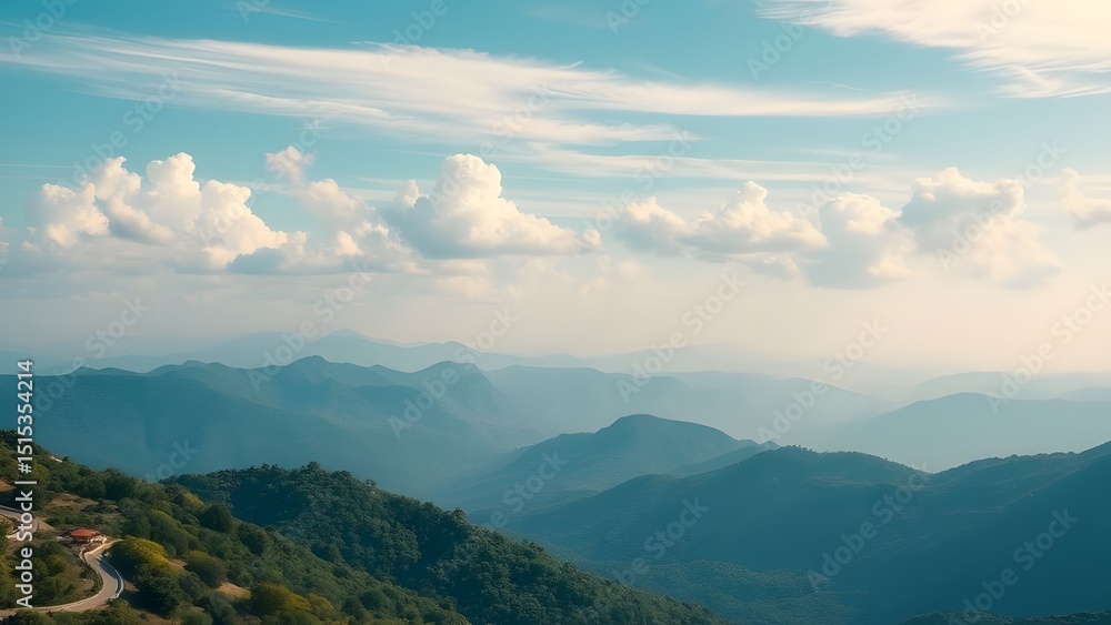 Obraz premium Scenic aerial view of majestic mountains beneath a vast blue sky filled with beautiful fluffy white clouds.