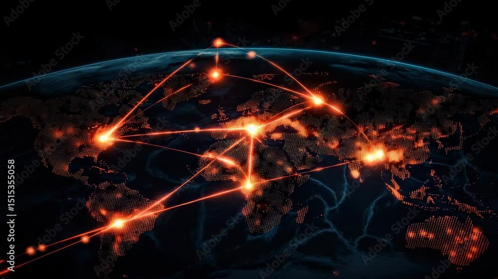 A digital world map with glowing orange nodes connected by network ...