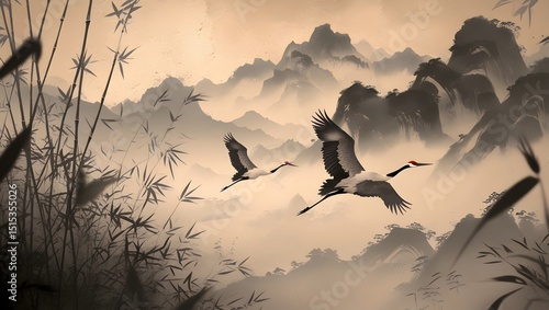 Two elegant flying cranes soar over layered misty mountains in a traditional chinese ink painting style.