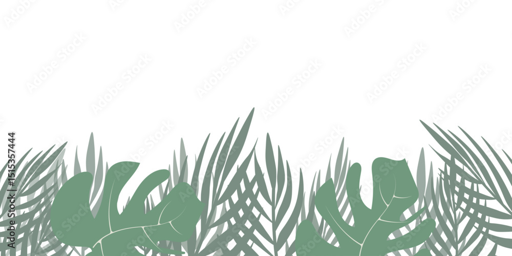 Obraz premium Green tropical foliage frame on a white backdrop with a designated area for text. Jungle-inspired design suitable for flyers, cards, banners, and web graphics