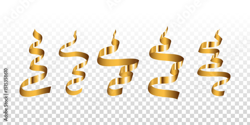Vector set of golden serpentine ribbons isolated on transparent background.