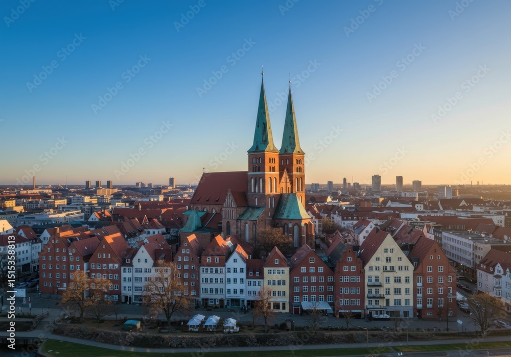 Fototapeta premium Aerial view of city with church on background