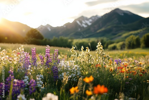 Bright Wildflower Field in Mountainous Landscape During Sunset Hours