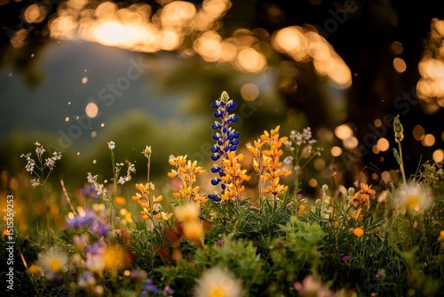 Bright Wildflower Field in Mountainous Landscape During Sunset Hours