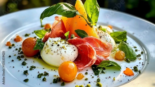 Fresh Summer Salad With Cantaloupe, Prosciutto, and Creamy Mozzarella on a Wh...