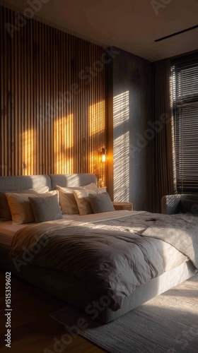 Cozy Modern Bedroom With Warm Sunlight Casting Shadows in the Afternoon