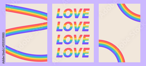 Set simple posters rainbow arcs and LOVE text in pride colors. Celebrates diversity, equality, and LGBTQ+ community. Ideal for social media, events, and apparel