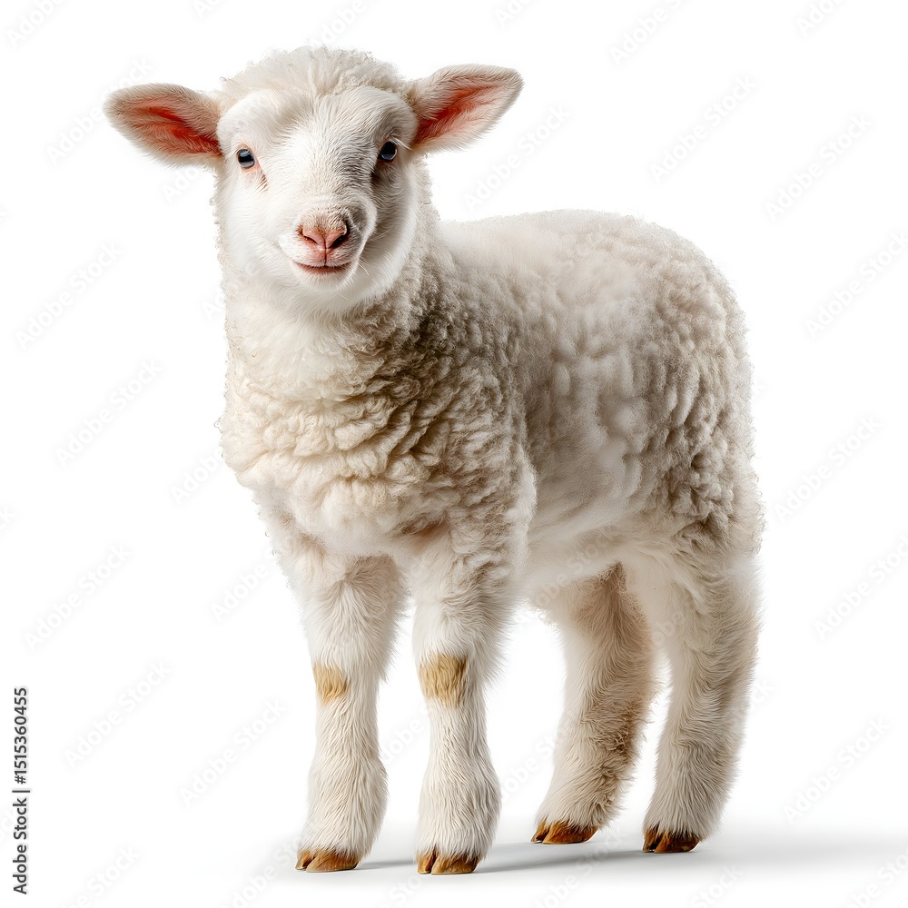 Fototapeta premium Cute young lamb standing on a white background, playful expression, soft wool, perfect for farm themes or animal-related content.