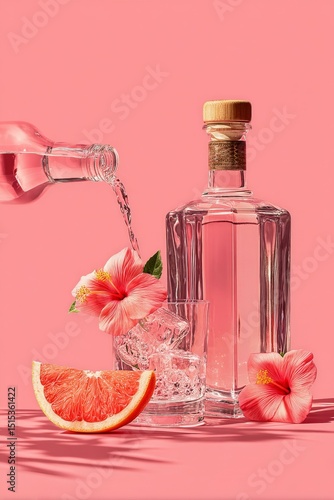 Refreshing Beverage Preparation With Hibiscus and Grapefruit on a Pink Backgr...