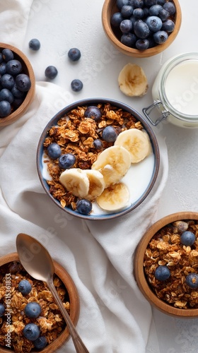Delicious Granola Bowl Topped With Fresh Banana and Blueberries on a White Table