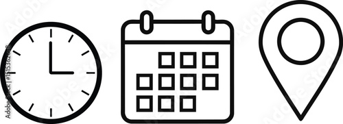  Set of Outline Time, Calendar, and Location Icons, Simple Schedule and Map Symbols AI Generative