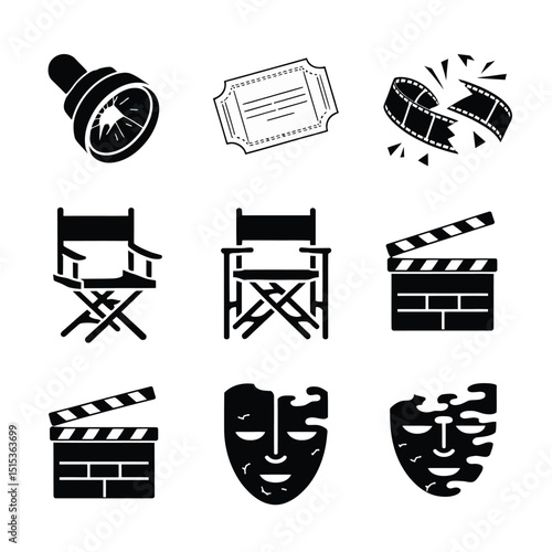 vector icons for cinema, Director's Chair , theatrical roles, video tape, cinema shattered spotlight, Theater Ticket
